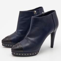 Chanel Navy Blue/Black Leather Cap Toe Ankle Boots Size 38.5