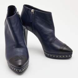 Chanel Navy Blue/Black Leather Cap Toe Ankle Boots Size 38.5