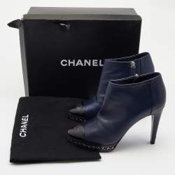 Chanel Navy Blue/Black Leather Cap Toe Ankle Boots Size 38.5