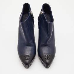 Chanel Navy Blue/Black Leather Cap Toe Ankle Boots Size 38.5