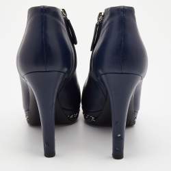 Chanel Navy Blue/Black Leather Cap Toe Ankle Boots Size 38.5