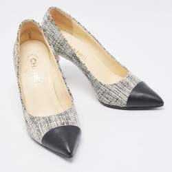 Pre Owned Chanel Black/White Tweed And Leather Cap Toe CC Pearl Heel Pumps Size 39