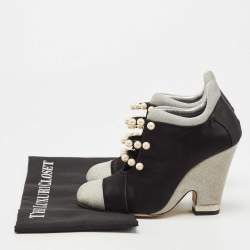 Pre Owned Chanel Black/Grey Satin and Mesh Faux Pearl Embellished Ankle Booties Size 37.5