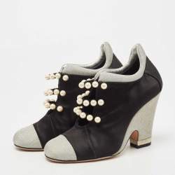 Pre Owned Chanel Black/Grey Satin and Mesh Faux Pearl Embellished Ankle Booties Size 37.5