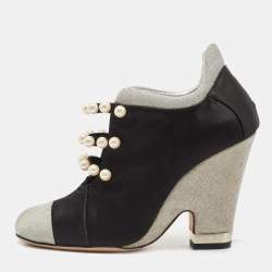 Pre Owned Chanel Black/Grey Satin and Mesh Faux Pearl Embellished Ankle Booties Size 37.5