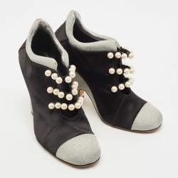 Pre Owned Chanel Black/Grey Satin and Mesh Faux Pearl Embellished Ankle Booties Size 37.5