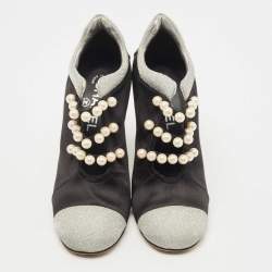 Pre Owned Chanel Black/Grey Satin and Mesh Faux Pearl Embellished Ankle Booties Size 37.5