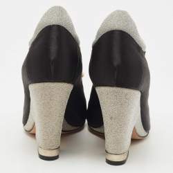 Pre Owned Chanel Black/Grey Satin and Mesh Faux Pearl Embellished Ankle Booties Size 37.5