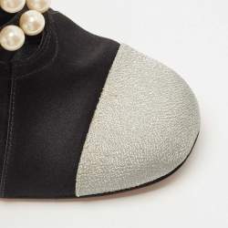 Pre Owned Chanel Black/Grey Satin and Mesh Faux Pearl Embellished Ankle Booties Size 37.5