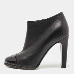 Chanel Black Leather and Patent CC Cap Toe Crystal Embellished Ankle Booties Size 37