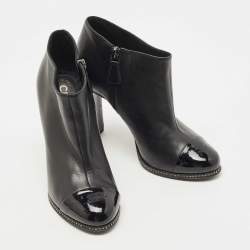 Chanel Black Leather and Patent CC Cap Toe Crystal Embellished Ankle Booties Size 37