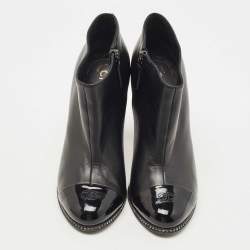 Chanel Black Leather and Patent CC Cap Toe Crystal Embellished Ankle Booties Size 37