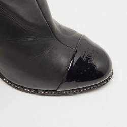 Chanel Black Leather and Patent CC Cap Toe Crystal Embellished Ankle Booties Size 37