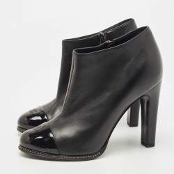 Chanel Black Leather and Patent CC Cap Toe Crystal Embellished Ankle Booties Size 37