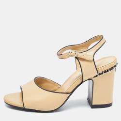 Chanel Beige Leather Chain Link CC Ankle Strap Sandals Size 38