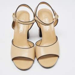 Chanel Beige Leather Chain Link CC Ankle Strap Sandals Size 38