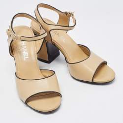 Chanel Beige Leather Chain Link CC Ankle Strap Sandals Size 38