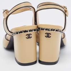 Chanel Beige Leather Chain Link CC Ankle Strap Sandals Size 38