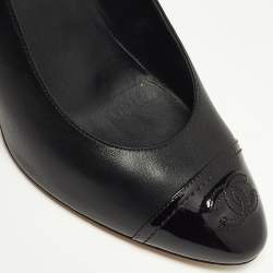 Pre Owned Chanel Black Leather and Patent Leather CC Cap Pumps Size 39