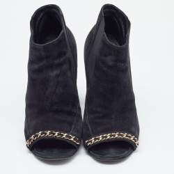 Chanel Black Suede Chain Detail Open Toe Booties Size 40.5