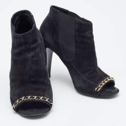 Chanel Black Suede Chain Detail Open Toe Booties Size 40.5