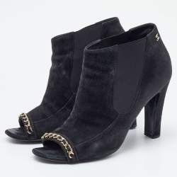 Chanel Black Suede Chain Detail Open Toe Booties Size 40.5