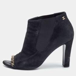 Chanel Black Suede Chain Detail Open Toe Booties Size 40.5