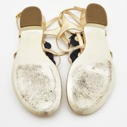 Chanel Metallic Gold Texture Leather CC Camellia Leaf Pearl Ankle Strap Thong Flat Sandals Size 38.5
