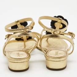 Chanel Metallic Gold Texture Leather CC Camellia Leaf Pearl Ankle Strap Thong Flat Sandals Size 38.5