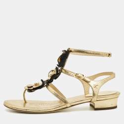 Chanel Metallic Gold Texture Leather CC Camellia Leaf Pearl Ankle Strap  Thong Flat Sandals Size 38.5 Chanel