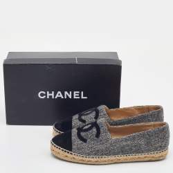 Pre Owned Chanel Grey/Black Tweed and Velvet Cap Toe CC Espadrille Flats Size 39