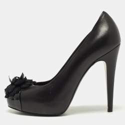 Pre Owned Chanel Black Leather CC Camellia Cap Toe Pumps Size 37