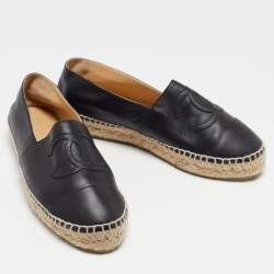 Chanel Black Leather CC Cap Toe Espadrille Flats Size 39