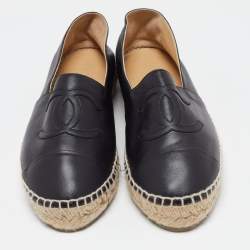 Chanel Black Leather CC Cap Toe Espadrille Flats Size 39
