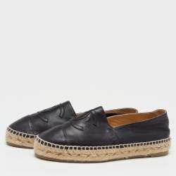 Chanel Black Leather CC Cap Toe Espadrille Flats Size 39