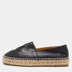 Chanel Black Leather CC Cap Toe Espadrille Flats Size 39