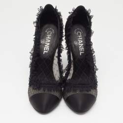Pre Owned Chanel Black Lace and Satin CC Round Toe Pumps Size 37