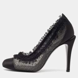 Pre Owned Chanel Black Lace and Satin CC Round Toe Pumps Size 37