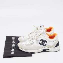 Pre Owned Chanel Grey/White Suede and Leather CC Low Top Sneakers Size 39.5