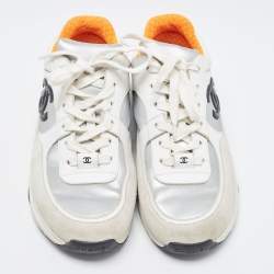 Pre Owned Chanel Grey/White Suede and Leather CC Low Top Sneakers Size 39.5