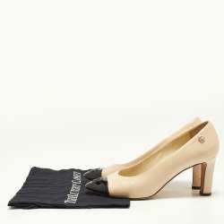 Pre Owned Chanel Beige/Black Leather and Patent CC Cap Toe Pumps Size 38