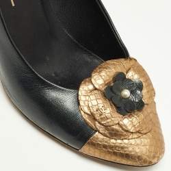 Pre Owned Chanel Black/Gold Leather and Python Embossed Cap Toe CC Camellia Pumps Size 37.5
