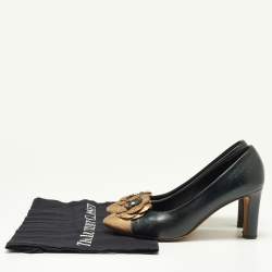 Pre Owned Chanel Black/Gold Leather and Python Embossed Cap Toe CC Camellia Pumps Size 37.5