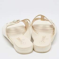 Chanel Cream Leather CC Faux Pearl Strappy Flat Slides Size 36.5