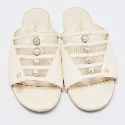 Chanel Cream Leather CC Faux Pearl Strappy Flat Slides Size 36.5