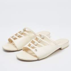 Chanel Cream Leather CC Faux Pearl Strappy Flat Slides Size 36.5