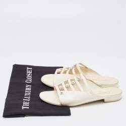 Chanel Cream Leather CC Faux Pearl Strappy Flat Slides Size 36.5