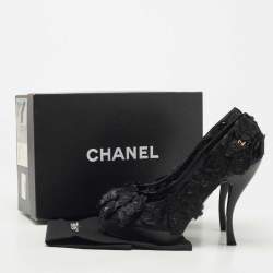 Pre Owned Chanel Black Fabric Organza Camellia CC Flower Platform Pump Size 40