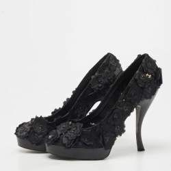 Pre Owned Chanel Black Fabric Organza Camellia CC Flower Platform Pump Size 40