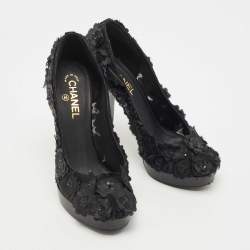 Pre Owned Chanel Black Fabric Organza Camellia CC Flower Platform Pump Size 40